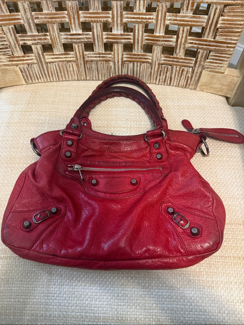 Balenciaga Red Leather Braided-Handle Shoulder Bag